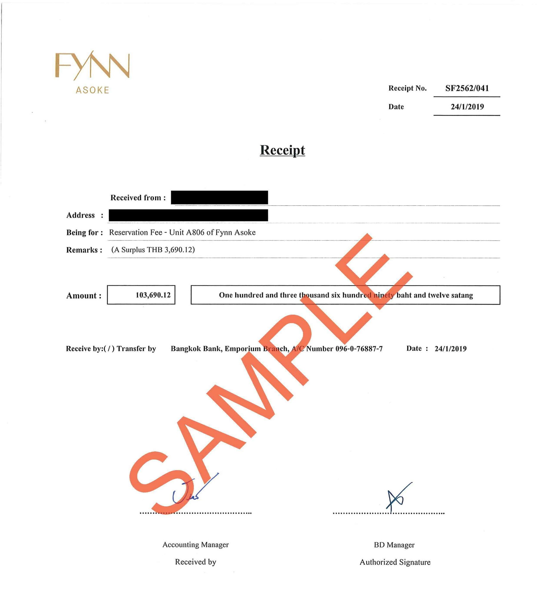 フィン・アソークの予約手数料領収書