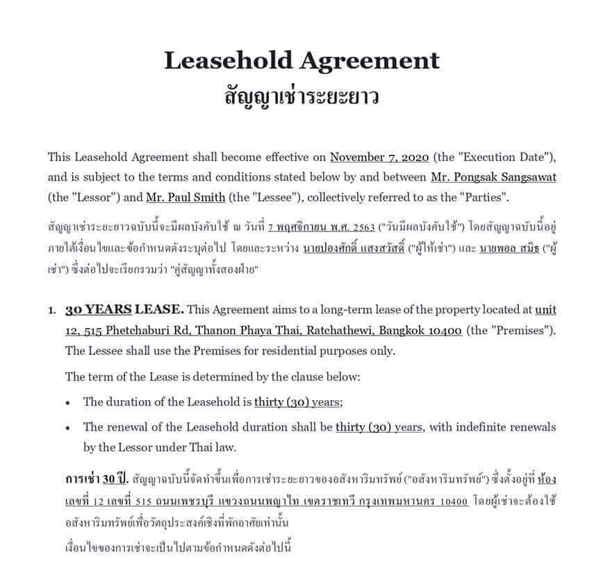 leasehold agreement buy property thailand