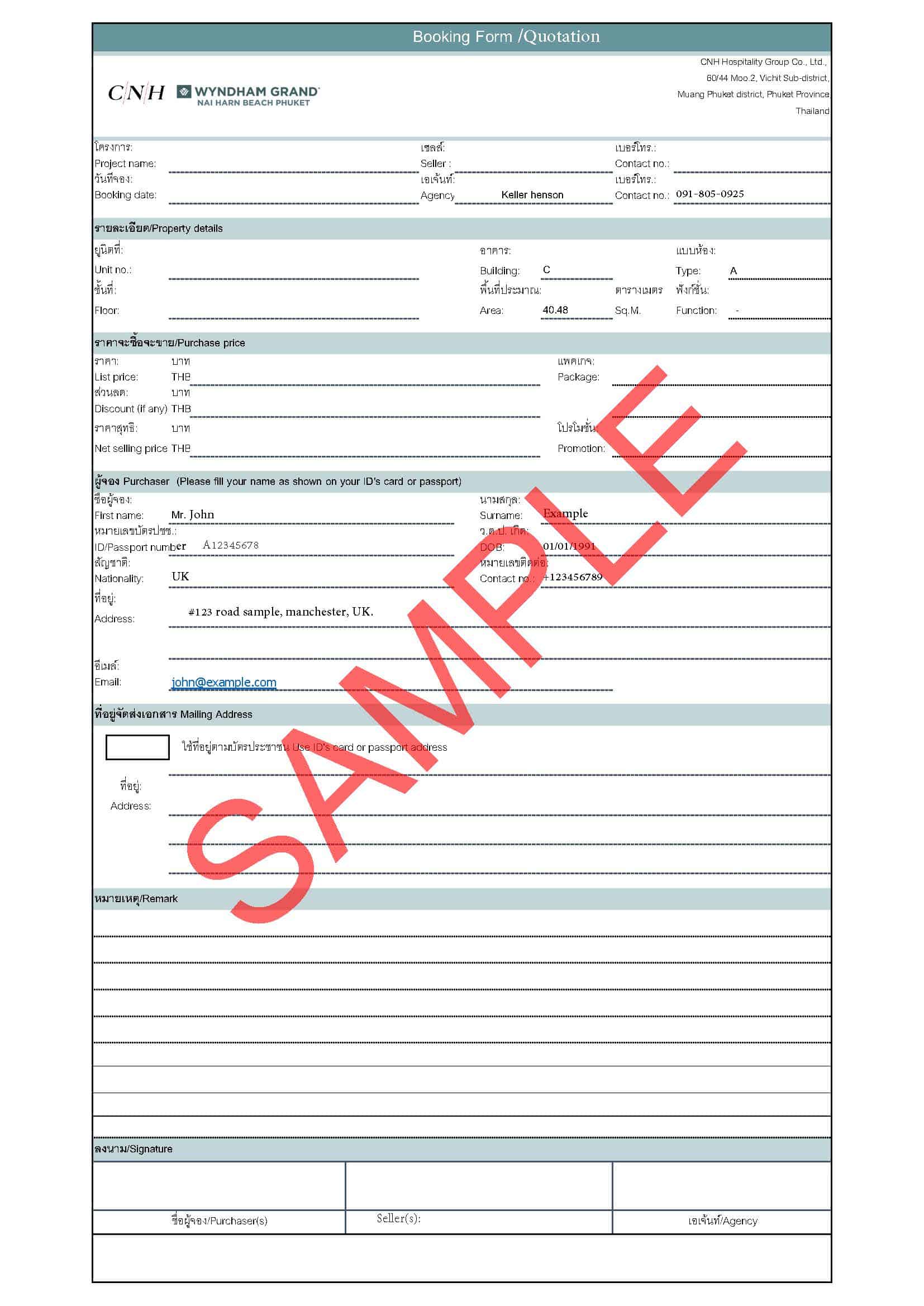 Quotation Booking Form sample thailand